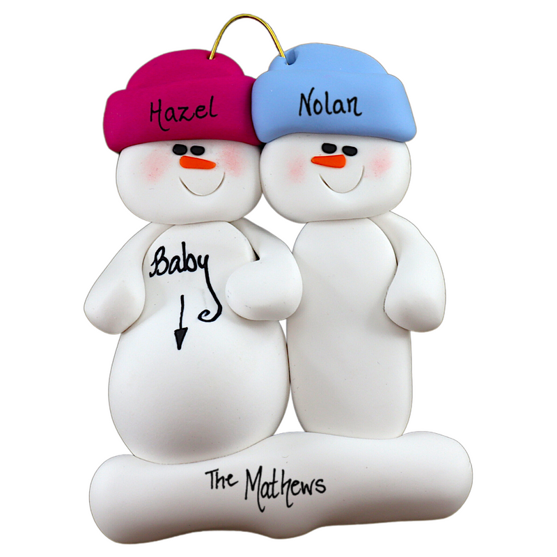 Family ornament with 2 snowmen in bright hats, one pregnant, personalized with names.