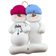 Family ornament with 2 snowmen in bright hats, one pregnant, numbered 1-3 for personalization.