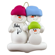 Family ornament with 3 snowmen in bright hats, one pregnant.