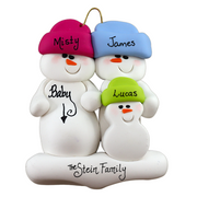 Family ornament with 3 snowmen in bright hats, one pregnant, personalized with names.