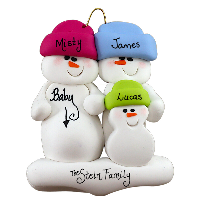 Family ornament with 3 snowmen in bright hats, one pregnant, personalized with names.