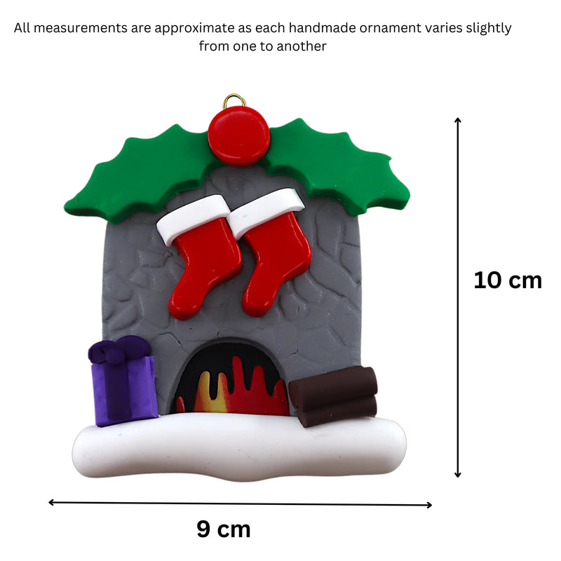 Vibrant fireplace ornament with holly and Christmas presents, displaying 2 red stockings, graphed to show size (9x10cm).