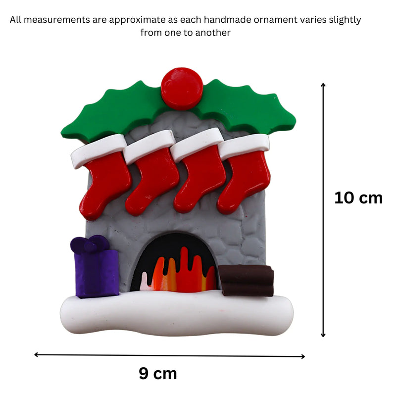 Vibrant fireplace ornament with holly and Christmas presents, displaying 4 red stockings, graphed to show size (9x10cm).