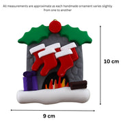 Vibrant fireplace ornament with holly and Christmas presents, displaying 5 red stockings, graphed to show size (9x10cm).