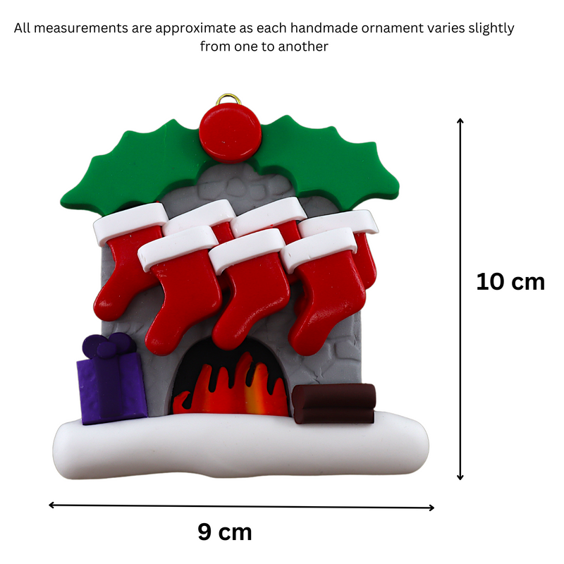 Vibrant fireplace ornament with holly and Christmas presents, displaying 7 red stockings, graphed to show size (9x10cm).