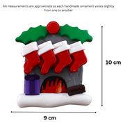 Vibrant fireplace ornament with holly and Christmas presents, displaying 8 red stockings, graphed to show size (9x10cm).