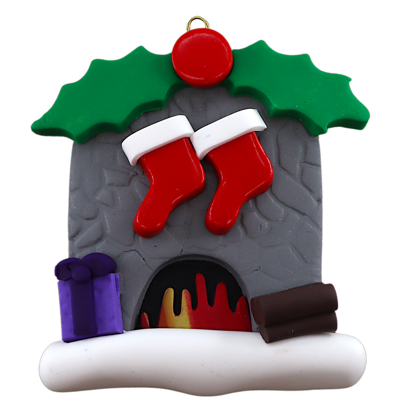 Vibrant fireplace ornament with holly and Christmas presents, displaying 2 red stockings.