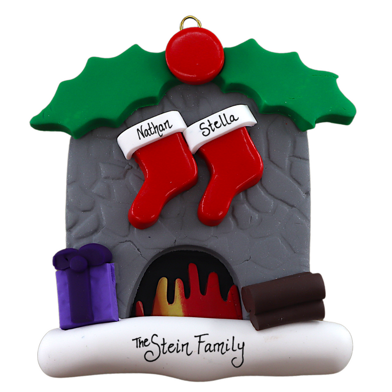 Vibrant fireplace ornament with holly and Christmas presents, displaying 2 red stockings, personalized with names.