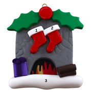 Vibrant fireplace ornament with holly and Christmas presents, displaying 2 red stockings, numbered 1-3 for personalization.