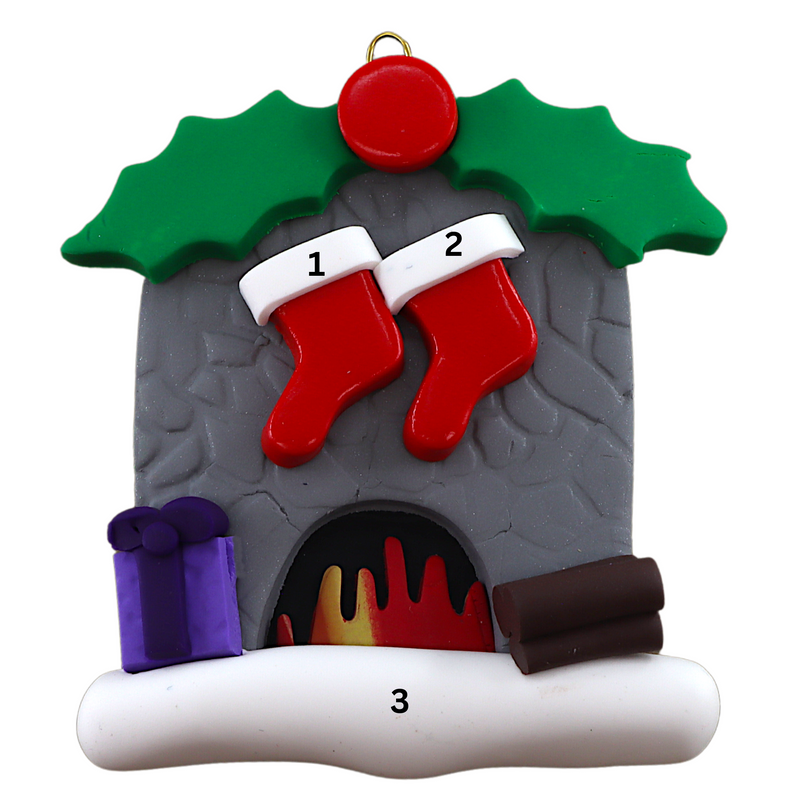 Vibrant fireplace ornament with holly and Christmas presents, displaying 2 red stockings, numbered 1-3 for personalization.
