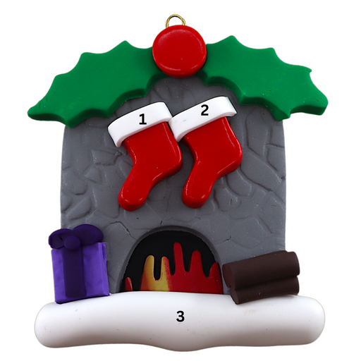 Vibrant fireplace ornament with holly and Christmas presents, displaying 2 red stockings, numbered 1-3 for personalization.