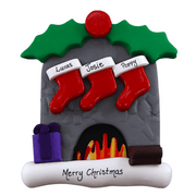 Vibrant fireplace ornament with holly and Christmas presents, displaying 3 red stockings, personalized with names.