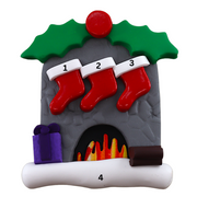 Vibrant fireplace ornament with holly and Christmas presents, displaying 3 red stockings, numbered 1-4 for personalization.