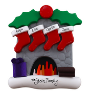 Vibrant fireplace ornament with holly and Christmas presents, displaying 4 red stockings, personalized with names.