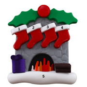 Vibrant fireplace ornament with holly and Christmas presents, displaying 4 red stockings, numbered 1-5 for personalization.