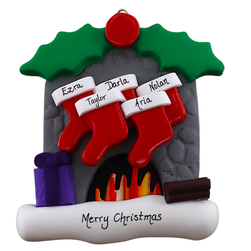 Vibrant fireplace ornament with holly and Christmas presents, displaying 5 red stockings, personalized with names.