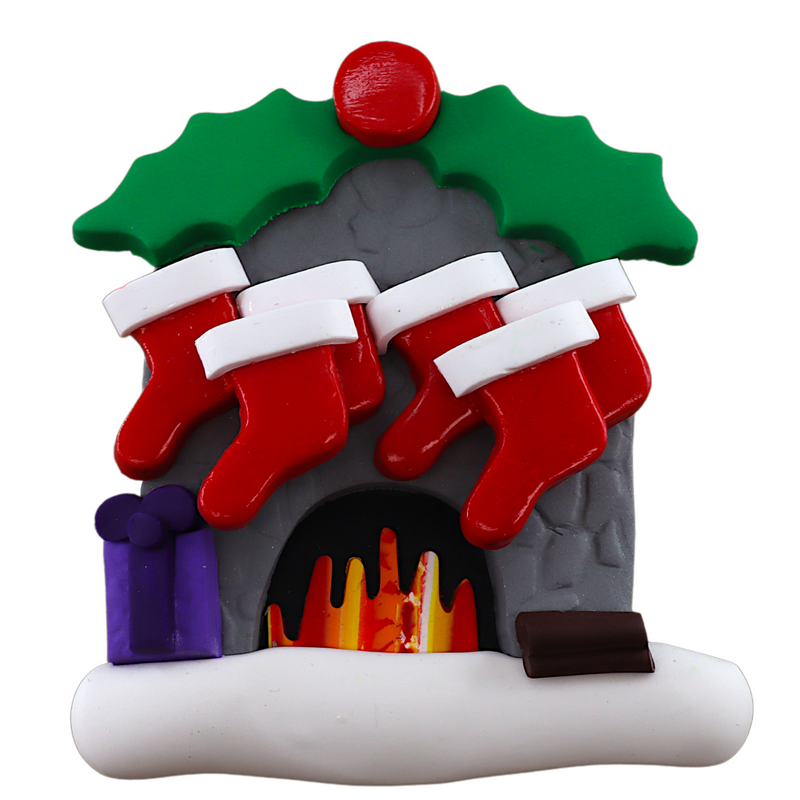 Vibrant fireplace ornament with holly and Christmas presents, displaying 6 red stockings.