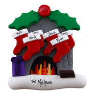 Vibrant fireplace ornament with holly and Christmas presents, displaying 6 red stockings, personalized with names.