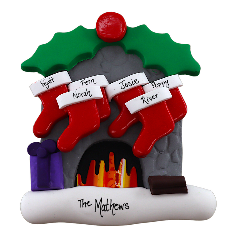 Vibrant fireplace ornament with holly and Christmas presents, displaying 6 red stockings, personalized with names.