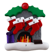Vibrant fireplace ornament with holly and Christmas presents, displaying 6 red stockings, numbered 1-7 for personalization.