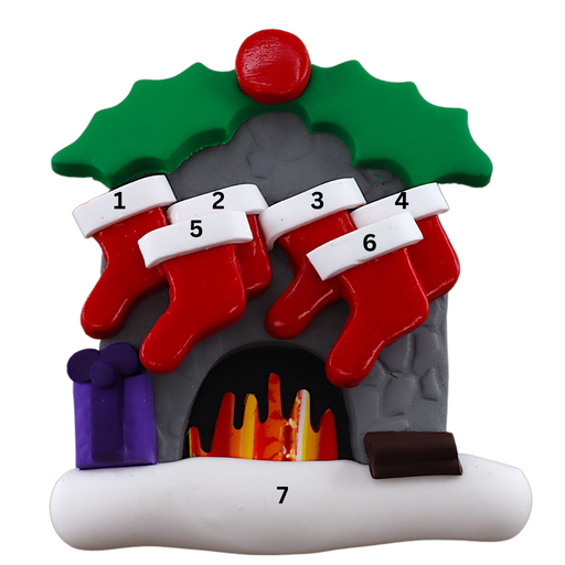 Vibrant fireplace ornament with holly and Christmas presents, displaying 6 red stockings, numbered 1-7 for personalization.