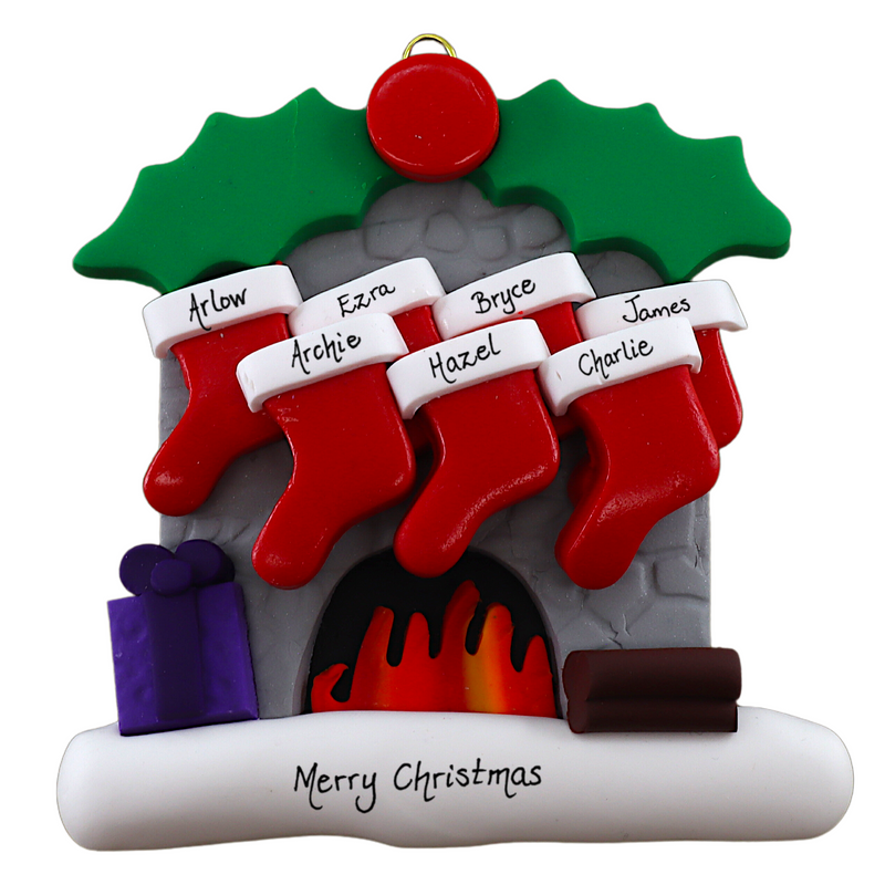 Vibrant fireplace ornament with holly and Christmas presents, displaying 7 red stockings, personalized with names.