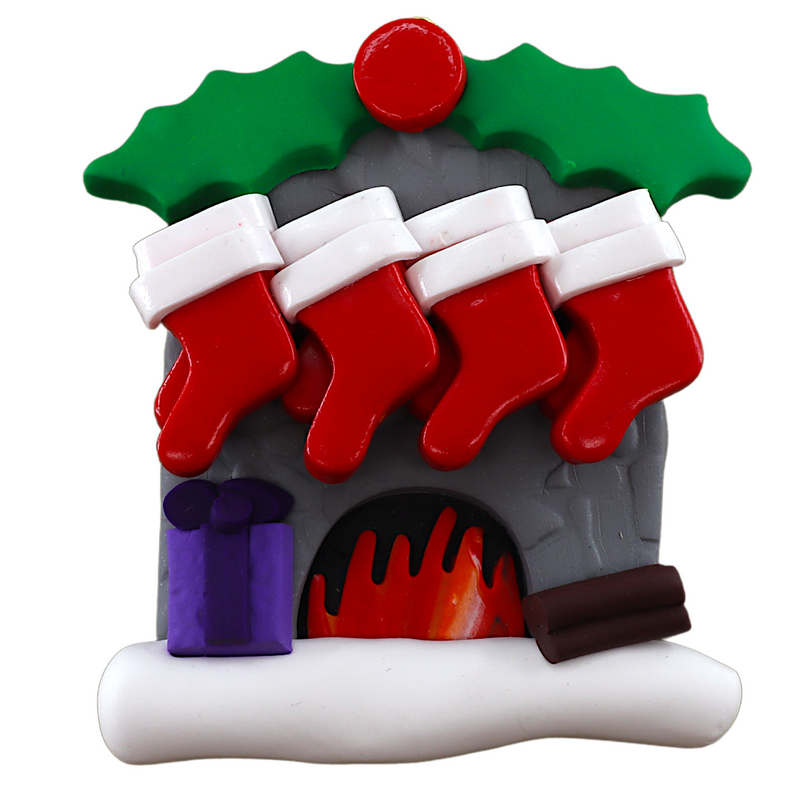 Vibrant fireplace ornament with holly and Christmas presents, displaying 8 red stockings.