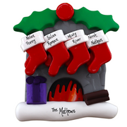 Vibrant fireplace ornament with holly and Christmas presents, displaying 8 red stockings, personalized with names.