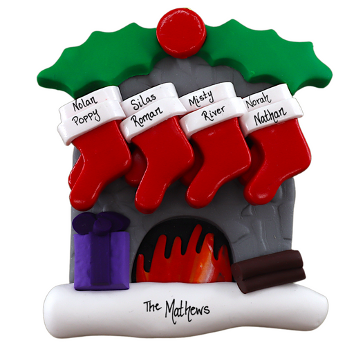 Vibrant fireplace ornament with holly and Christmas presents, displaying 8 red stockings, personalized with names.