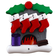 Vibrant fireplace ornament with holly and Christmas presents, displaying 8 red stockings, numbered 1-9 for personalization.