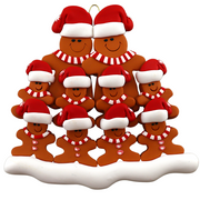 Family ornament with 10 brown gingerbread figures in red Christmas hats.