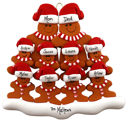Family ornament with 10 brown gingerbread figures in red Christmas hats, personalized with names.