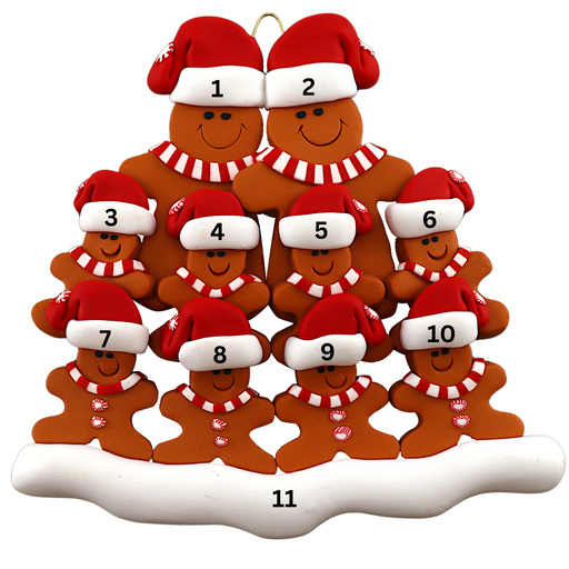 Family ornament with 10 brown gingerbread figures in red Christmas hats, numbered 1-11 for personalization.