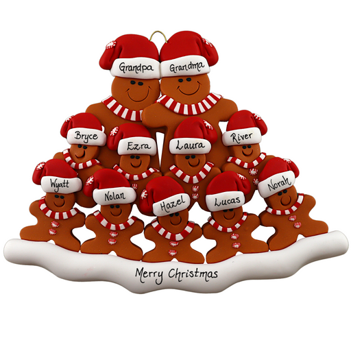 Family ornament with 11 brown gingerbread figures in red Christmas hats, personalized with names.