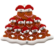 Family ornament with 11 brown gingerbread figures in red Christmas hats, numbered 1-12 for personalization.