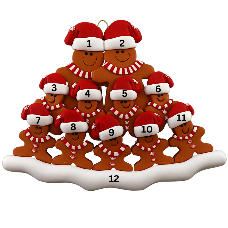 Family ornament with 11 brown gingerbread figures in red Christmas hats, numbered 1-12 for personalization.