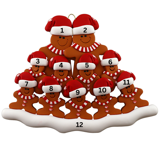 Family ornament with 11 brown gingerbread figures in red Christmas hats, numbered 1-12 for personalization.