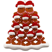 Family ornament with 12 brown gingerbread figures in red Christmas hats.