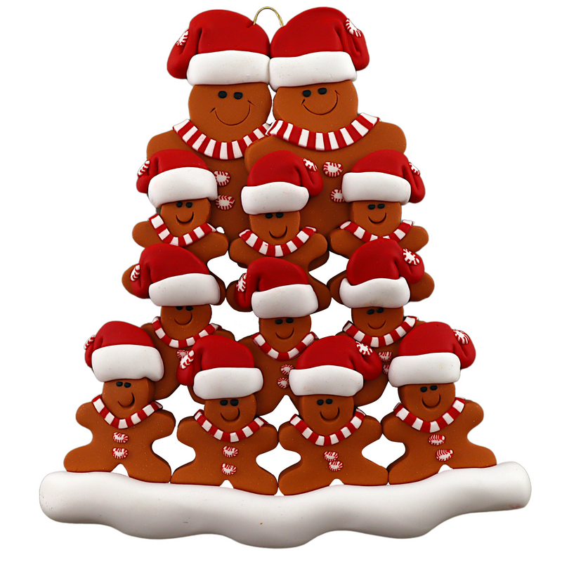 Family ornament with 12 brown gingerbread figures in red Christmas hats.