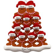 Family ornament with 12 brown gingerbread figures in red Christmas hats, personalized with names.