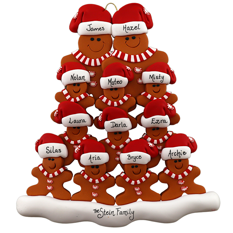 Family ornament with 12 brown gingerbread figures in red Christmas hats, personalized with names.