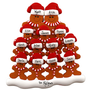 Family ornament with 13 brown gingerbread figures in red Christmas hats, personalized with names.