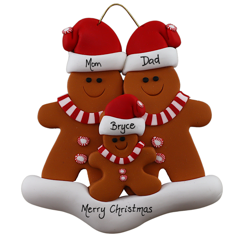 Family ornament with 3 brown gingerbread figures in red Christmas hats, personalized with names.