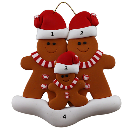 Family ornament with 3 brown gingerbread figures in red Christmas hats, numbered 1-4 for personalization.