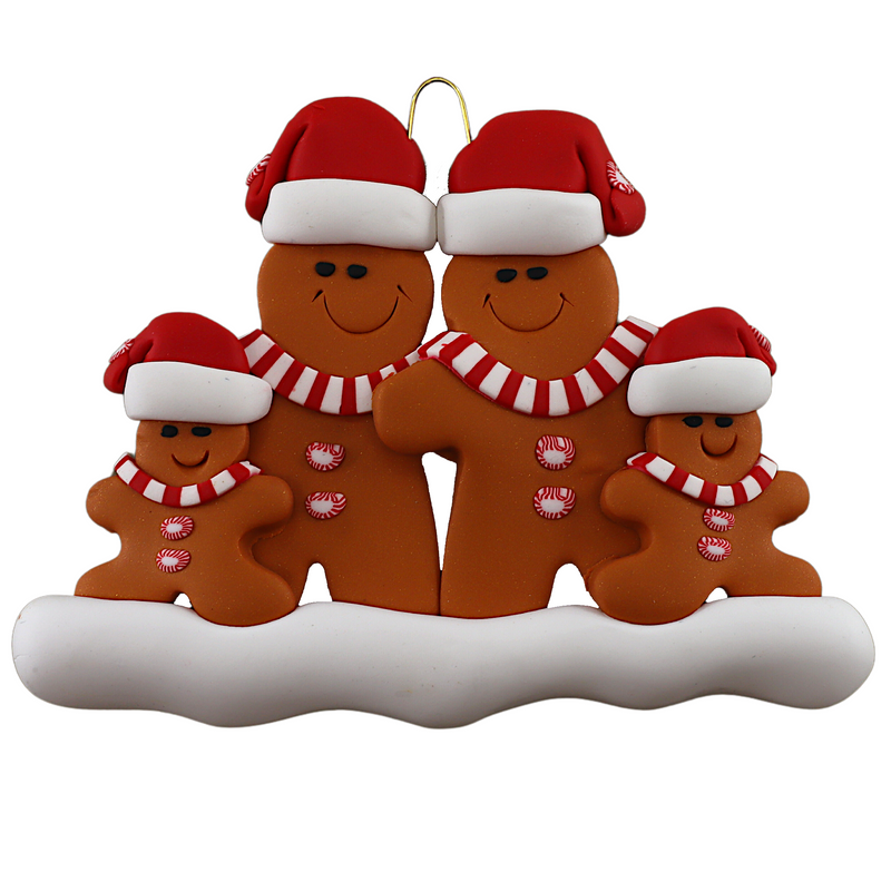 Family ornament with 4 brown gingerbread figures in red Christmas hats.