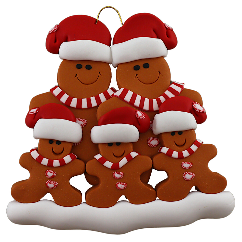 Family ornament with 5 brown gingerbread figures in red Christmas hats.