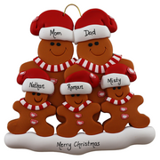 Family ornament with 5 brown gingerbread figures in red Christmas hats, personalized with names.