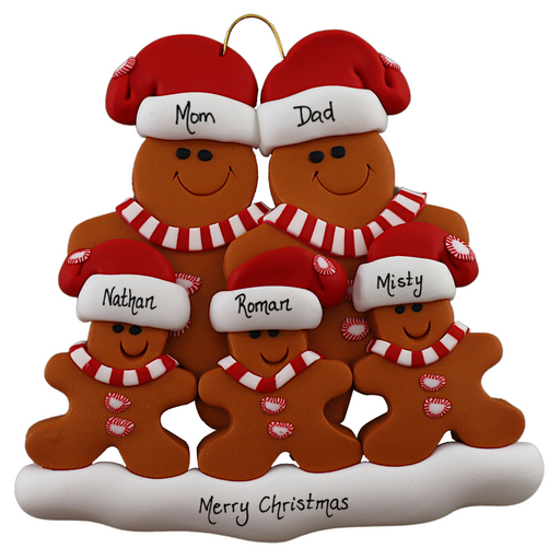 Family ornament with 5 brown gingerbread figures in red Christmas hats, personalized with names.
