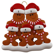 Family ornament with 5 brown gingerbread figures in red Christmas hats, numbered 1-6 for personalization.