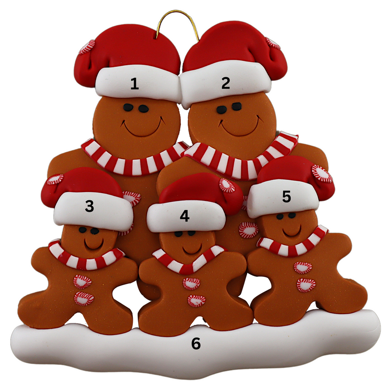 Family ornament with 5 brown gingerbread figures in red Christmas hats, numbered 1-6 for personalization.
